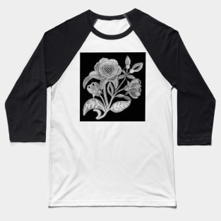 embroidery image with fabric and threads forming a stylized black and white flower branch Baseball T-Shirt